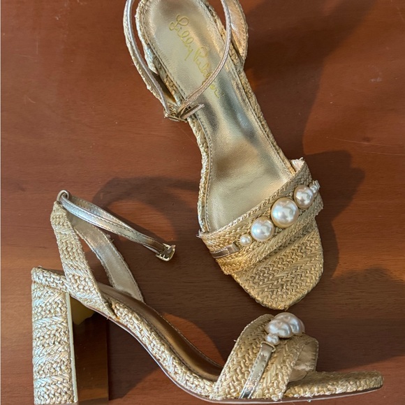 Lilly Pulitzer May Heeled Sandal Raffia Pearl Block Heel Gold Size 6.5 - Picture 13 of 16